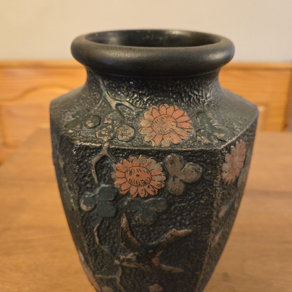 Antique Vtg Japanese Tokanabe Black Vase Hand Painted Floral Bird 1920, 10" Tall - Picture 2 of 8